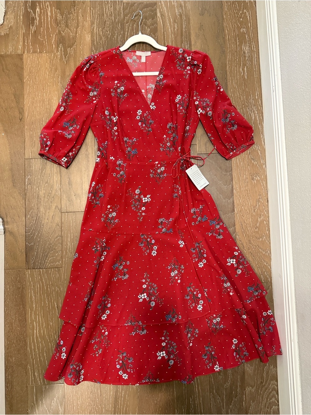 Chelsea28 Nordstrom Red Floral Wrap Midi Dress with Puff Sleeves Tiered Skirt